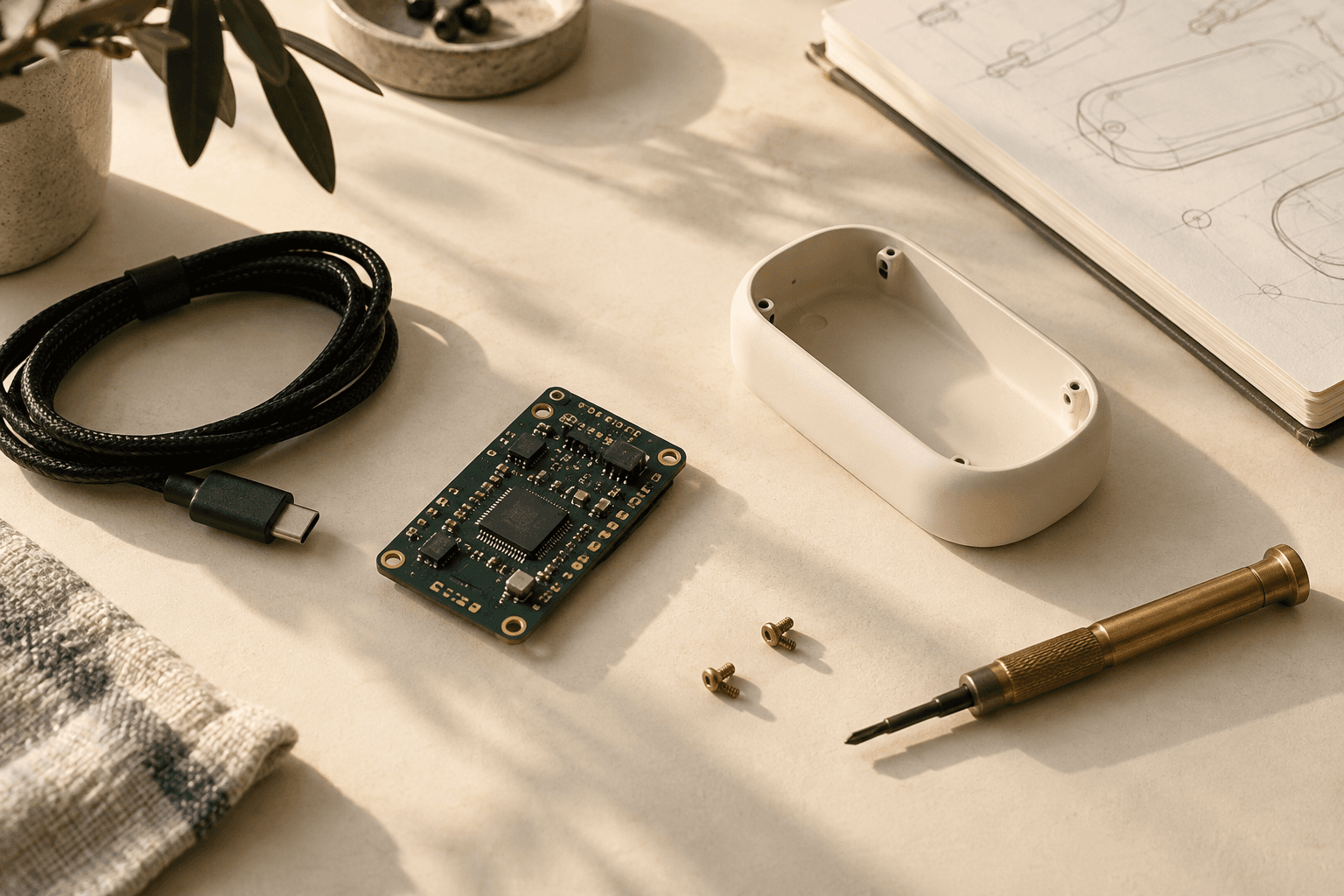 Circuit board, enclosure and precision tools arranged on a sunlit workbench
